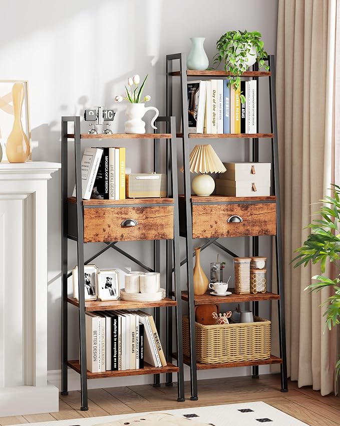 Furologee 5 Tier Ladder Shelf, Tall and Narrow Bookshelf with Drawer,Standing Bookcase Units, Industrial Open Display Shelves Organizer for Bathroom,Kitchen,Bedroom,Living Room,Rustic Brown