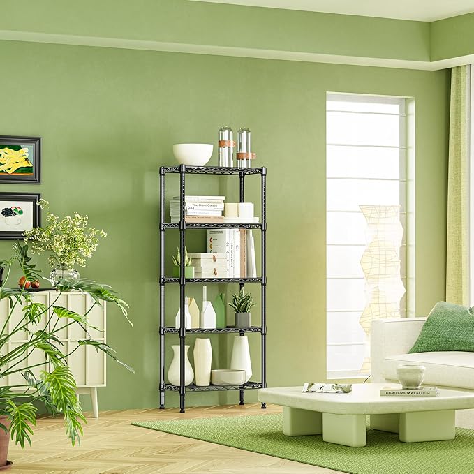 IZEUK 5 Tier Steel Storage Shelves, Heavy Duty Metal Shelf Wire Shelving Rack for Pantry, Kitchen, Living Room, or Office Organization (11.8" D x 23.6" W x 59.5" H, 1250LBS, Black)