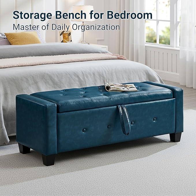 48" Faux Leather Ottoman with Storage, Tufted Storage Ottoman Bench with Safety Hinge, Rectangular Extra Long Bench for Bedroom, Living Room, Entryway and Window, Blue