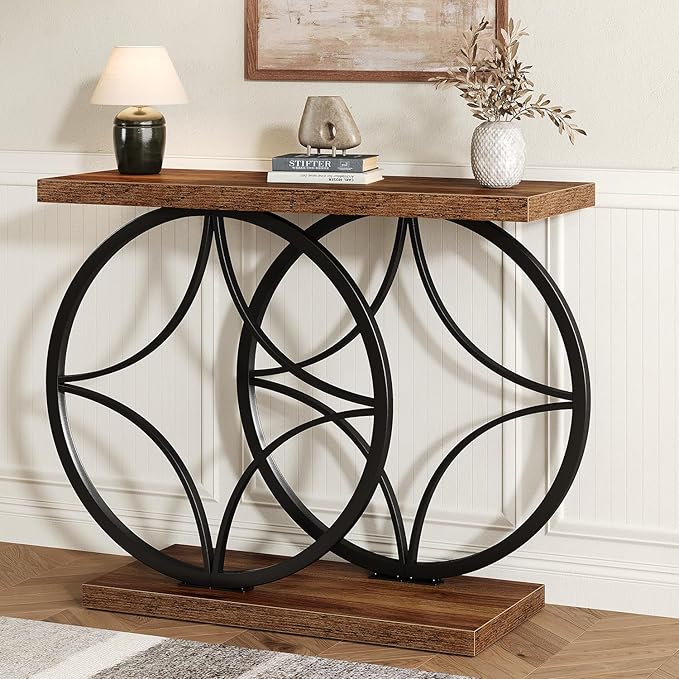 39.4" Console Table, Industrial Entryway Table with Anti-Tilt Design, Narrow Wood Accent Sofa Table Behind Couch with Double Circle Base for Entryway, Living Room, Hallway, Foyer