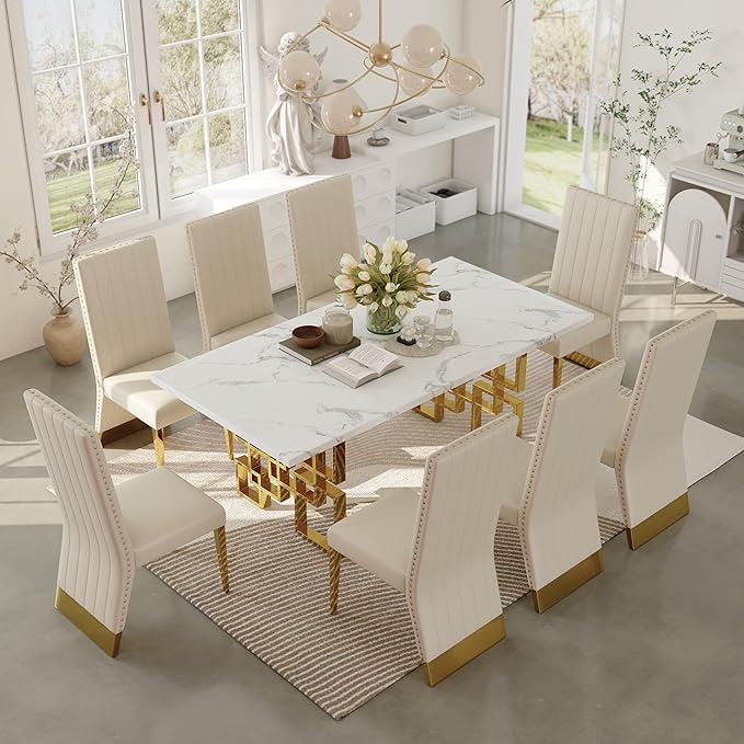 AUZ White and Gold Dining Chairs Set of 2, White PU Leather Dining Room Chair with Nailhead Trim and Gold Polished Metal Legs, Luxury High Back Dining Chairs