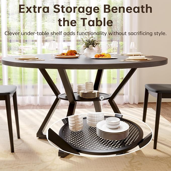 Concho 55" Round Kitchen Dining Room Table for 6-8,Circle Dining Dinner Table with Pedestal Metal Frame,Space Saving Wood Kitchen & Dining Room Furniture, Deep Grey