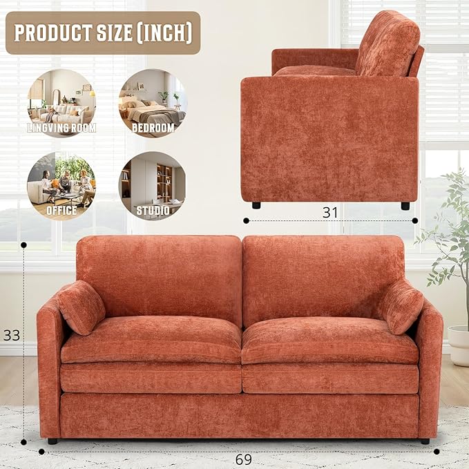 69" Chenille Modern Couch with Cozy & Soft Backrests, 2 Seats Sofa with 2 Extra Pillows, Comfy Upholstered Sofa with Thicker Cushions for Living Room, Office, Orange
