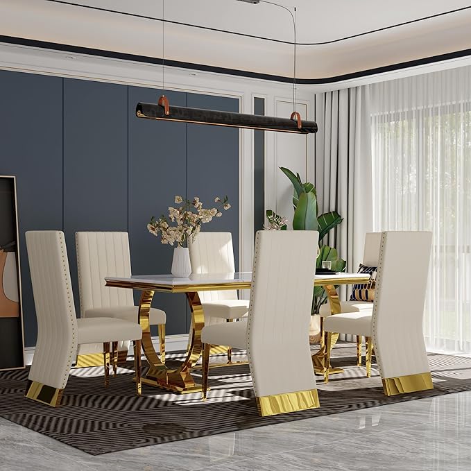 Dining Chairs, White Faux Leather Upholstered Dining Chair with Nailhead Trims, Gold Dining Room Chairs Set of 6