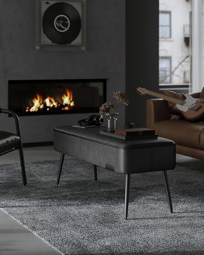 VASAGLE EKHO Collection - Bench for Entryway Bedroom, Synthetic Leather with Stitching, Ottoman Bench with Steel Legs, Living Dining Room, Mid-Century Modern, Loads 660 lb, Ink Black ULOM076B01