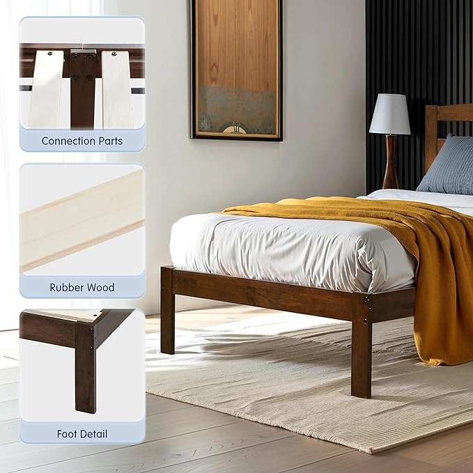 Hokway Wood Twin Bed Frames with Headboard-No Wobble,Noise-Free,Easy Assembly with Precise Holes,12 in Reinforced Center Legs,No Box Spring Needed,Walnut