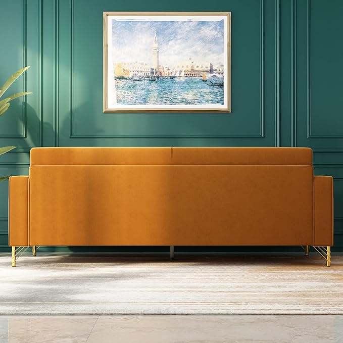 85.63" Velvet Sofa,Modern Loveseat Couch with Pillows Set of 2 for Living Room,Bedroom,Apartment Furniture with Gold Metal Legs (Orange)