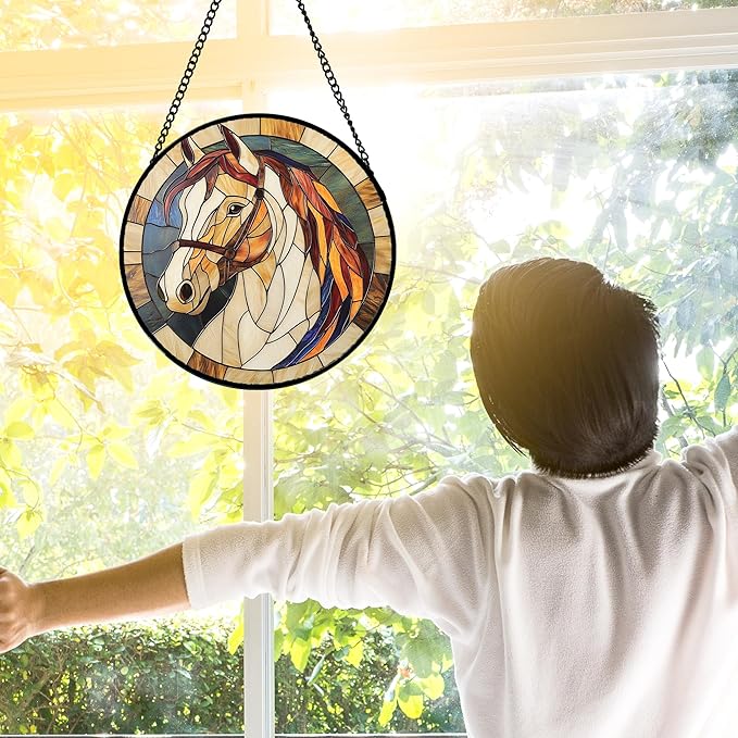 Stained Glass Window Hanging, Animal Horse Colored Mane Sun Catchers Glass Panel Cool Suncatcher Decor for Birthday for Women, Men, Wife, Aunt, and Mom 7.8 in