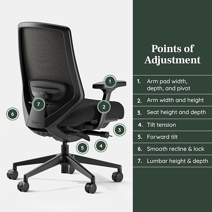 Branch Ergonomic Chair Pro - Mesh Office Chair with 14 Points of Adjustment - Height, Depth & Tilt Adjustable - 5D Armrests - Forward Tilt, Smooth Recline, and Lumbar Support - Black Boucle