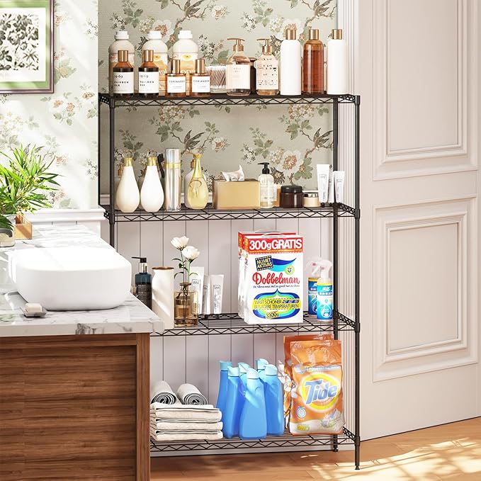 4-Tier Storage Shelves 35.4" L x 13.3" W x 53.7" H Metal Garage Shelves Standing Storage Shelf Adjustable Layer Racks with Steel Frame Suitable for Kitchen, Garage or Commercial Use (Black)