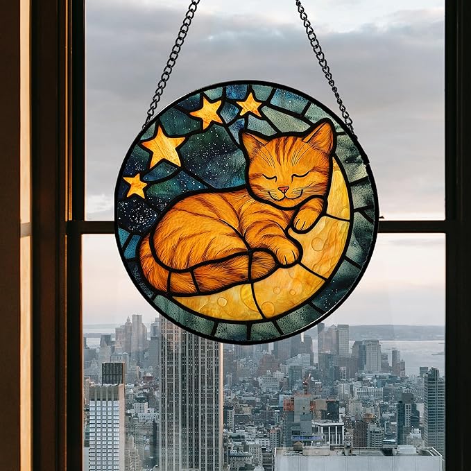 Stained Glass Window Hanging - Orange Cat Sun Catcher for Door Home Decor Stars and Moon Suncatcher Christmas Mother's Day Birthday Loss of a Pet Gifts for Women Men Mom Nana 7.8 in
