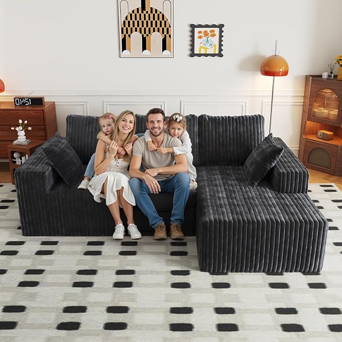 94" Cloud Sectional Couch with L-Shape Chaise,4 Seat Modern Modular Sofa with Side Pockets,Upholstered Couches for Living Room Bedroom, Boneless Couch,No Assembly Required