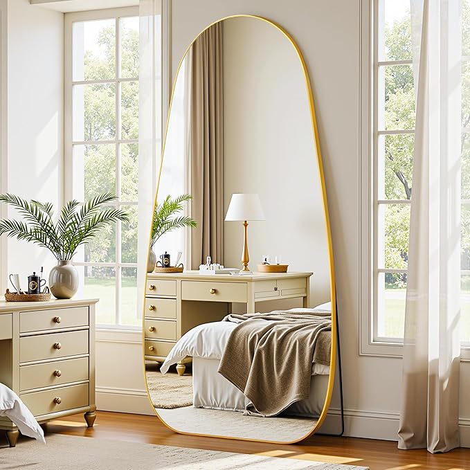 Antok Full Length Mirror, 68"x26" Floor Mirror with Stand,Standing Hanging Leaning Irregular Mirrors for Bedroom Living Room Entryway,Tear Drop Style,Golden