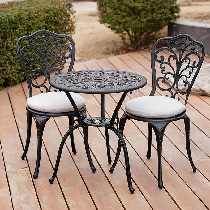 3 Piece Bistro Patio Set Cast Aluminum Bistro Table and Chairs Set of 2 with Cushion,Outdoor Bistro Table Set with Umbrella Hole,Metal Patio Furniture Set for Garden,Black