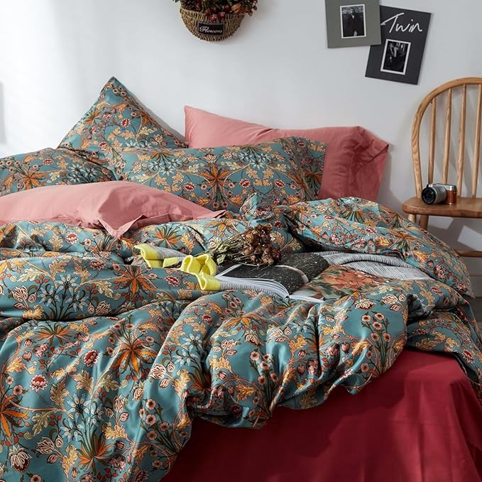 Vintage Style Boho Floral Duvet Cover Queen Percale Cotton Comforter Cover Medallion Paisley Print Bedding Set Vibrant Bohemian Flower Comforter Cover Boho Farmhouse Duvet Quilt Cover with Zipper Ties