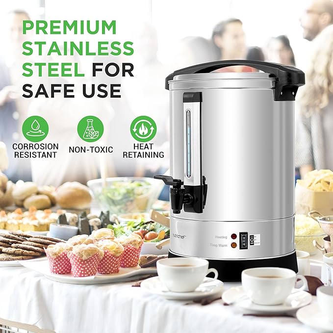 NutriChef Water Boiler and Hot Water Dispenser, 13L Electric Beverage Dispenser with Safety Lock Lid, Non-Drip Tap, Warm Function, Food Grade Stainless Steel, Home and Commercial Use, 20x11x11 in.