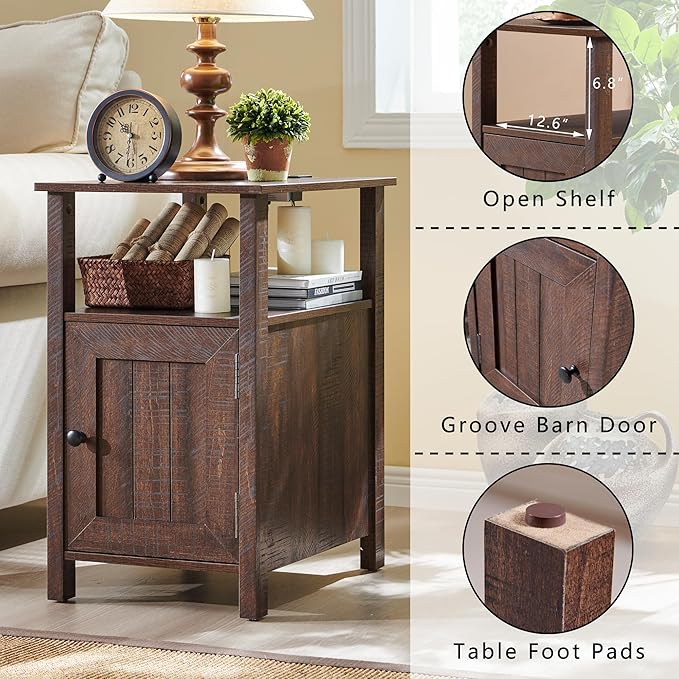 Farmhouse Nightstand Set of 2, End Table with Charging Station, Rustic Side Table w/Barn Door & Open Shelves, Bedside Table w/Storage Space and Storage Cabinet for Bedroom, Living Room (Brown)