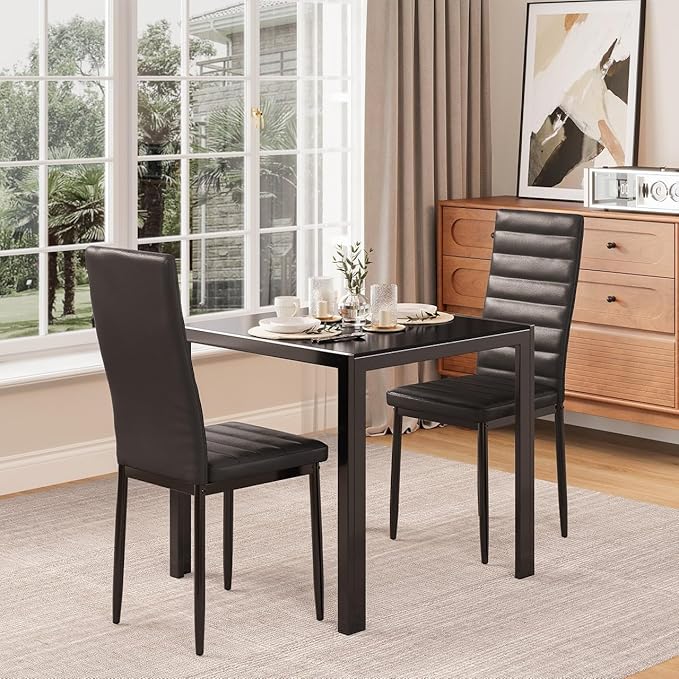 Gizoon 3 Piece Glass Dining Table Set, Kitchen and Chairs for 2, PU Leather Modern Room Sets for Home, Kitchen, Living Room