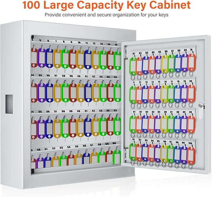 100 Keys White Key Cabinet, Anti-Theft Key Lock Box with Key Tags, Adjustable Key Organizer Wall Safe for Car Office House Garage Rental Business