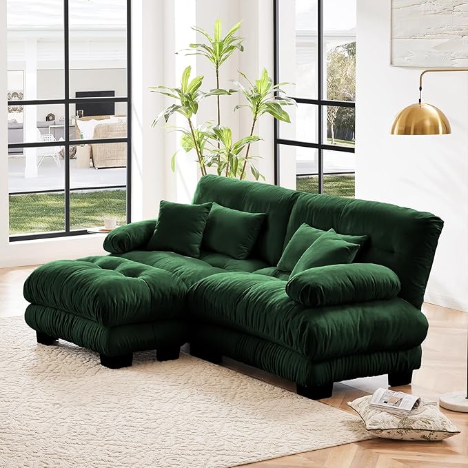 94.4" Loveseat Sofa, 2 Seater Modular Sectional Sofa, Green Large L Shaped Sectional Couches for Living Room, Fluffy Chenille Fabric Cloud Couch with Ottoman