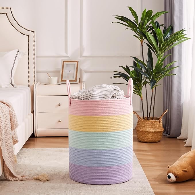 62L Hamper Laundry Basket for Baby Girls Kids Rainbow Nursery Hamper for Clothes Pastel Unicorn Woven Rope Blanket Basket for Toy in Playroom Bedroom Large