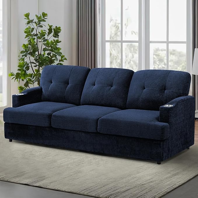 89" Chenille Modern Sofa with Cup Holder, Tufted Upholstered Couch with Thickened Cushions, Comfy 3 Seater Sofa with Deeper Seat for Living Room, Apartment,Blue