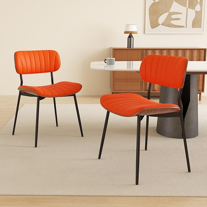 Modern PU Leather Dining Room Chairs Set of 4, Upholstered Kitchen Chairs with Walnut Bentwood Back and Metal Legs Adjustable Feet for Kitchen Dining Room(Orange)