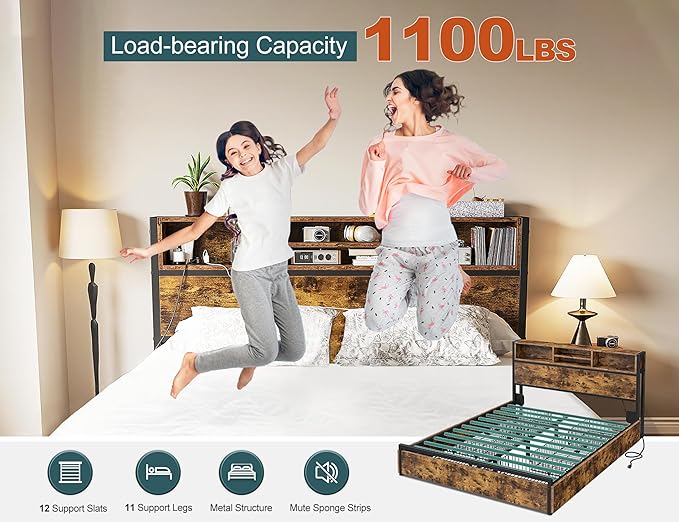 EnHomee Full Size Bed Frame with 6 Storage Drawers Full Bed Frame with Headboard, with Charging Station, No Noise, No Box Springs Needed, Vintage Brown