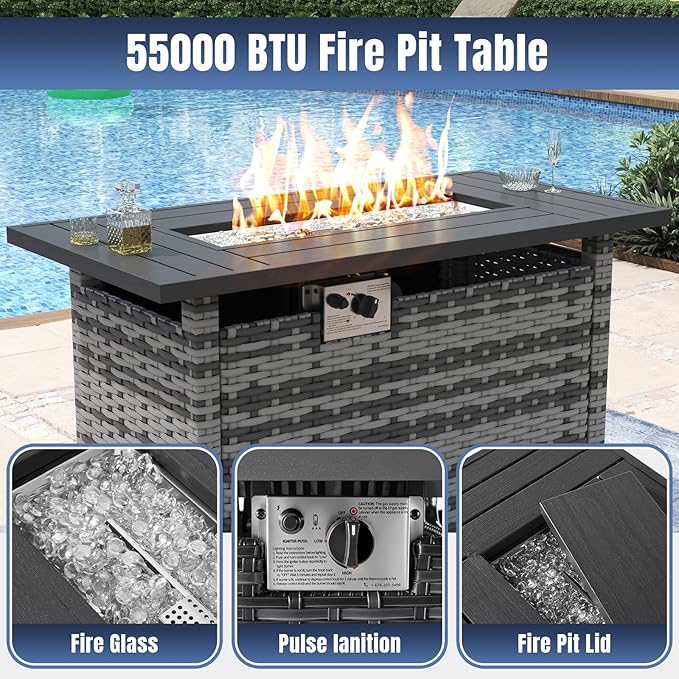 Aoxun 13 Pieces Patio Furniture Set with 44” Fire Pit Table Wicker Rattan Outdoor Sectional Conversation Set with Coffee Table and 4” Thickened Cushions, Gray/Black(Waterproof Cover Included)