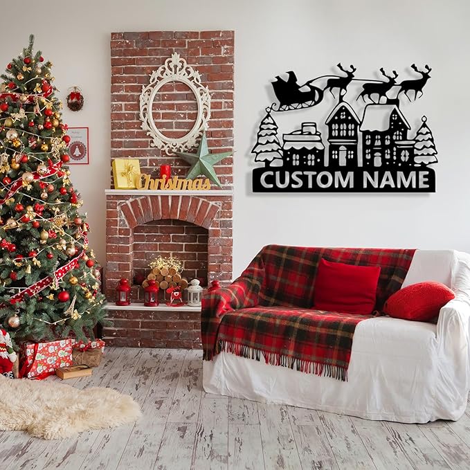 Personalized Christmas Metal Sign, Custom Name Metal Sign Wall Decor, Merry Christmas Tree Signs Outdoor Wall Decoration for Home Living Room, Bedroom, Office, Garden, Porch