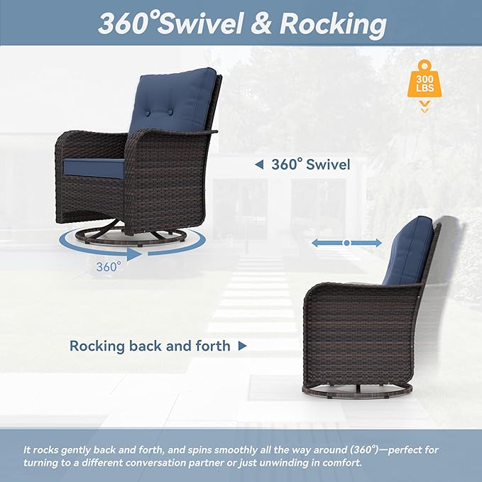 Kurapika 5 Pieces Patio Furniture Set, Rattan Wicker Outdoor Conversation Sets, 4 Woven Rattan Swivel Chairs w/48in Propane Fire Pit Table and Thickened Cushions, Navy Blue