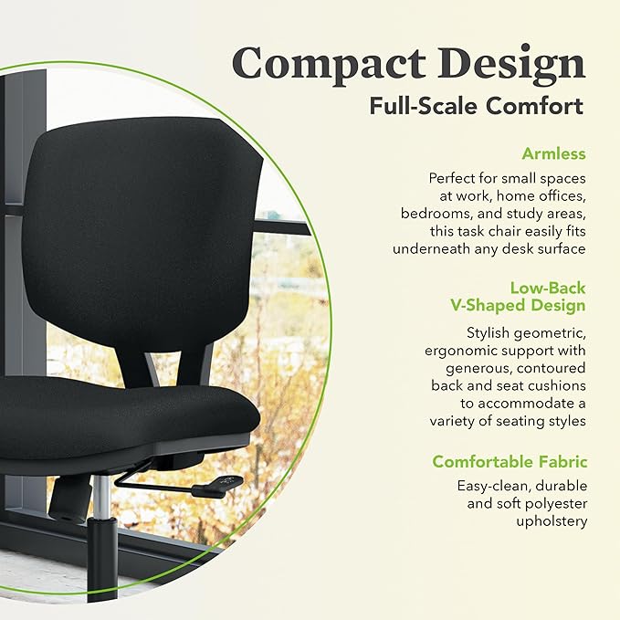 HON Volt Armless Office Chairs with Wheels, Ergonomic Adjustable Center-Tilt Recline, Fabric Back and Seat, Swivel Desk Chair, Black