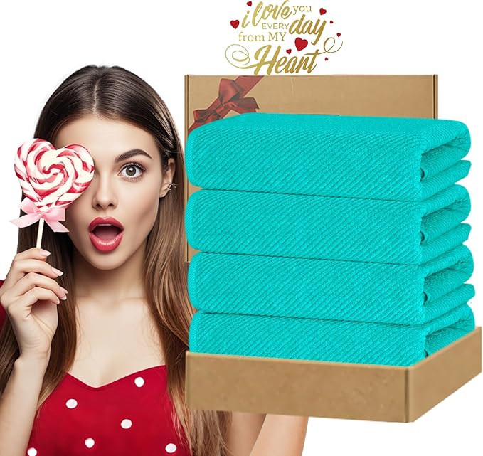 Turquoise Bath Towels (4PC Large, 30"x56") - 100% Cotton | Quick Dry | Light Weight | Thick | Soft | Absorbent, Luxury Shower Towels with Hanging Loops, Towel Gift Set, Turquoise Bathroom Accessories