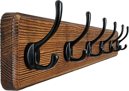Dseap Coat Rack Wall: 24" Long, Patented, Heavy-Duty, 6-Double-Hooks Wooden Wall Mounted Coat Rack Coat Hanger Hook Rail for Winter Coats Hat Jacket Clothing, Natural & Black