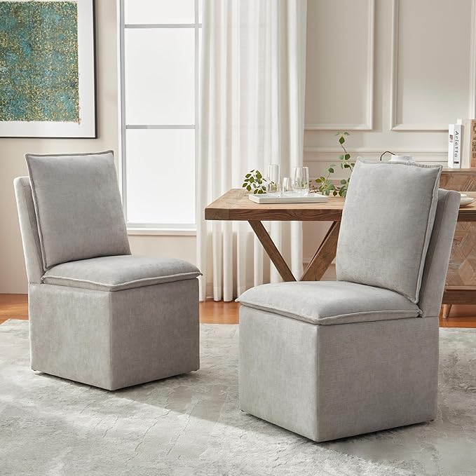 VKNOW Upholstered Dining Chairs, Modern Rolling Chairs with Storage and Wheels, Linen Armless Chair with Cushion and Backrest, Dining Room Chairs for Living Room Kitchen Bedroom, Light Grey