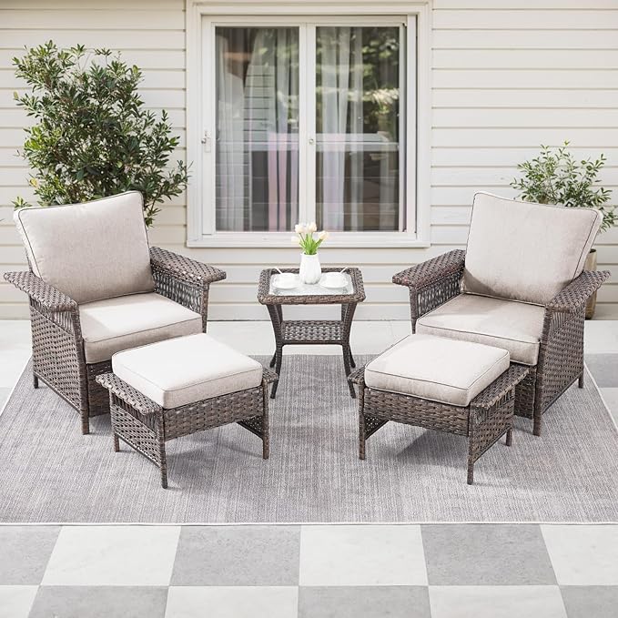 5 Pieces Wicker Patio Furniture Set - Hollow Widen Armrests Outdoor Rattan Chairs with Ottomans and Side Table, Small Patio Convention Set for Balcony Porch Deck and Yard - Brown/Beige