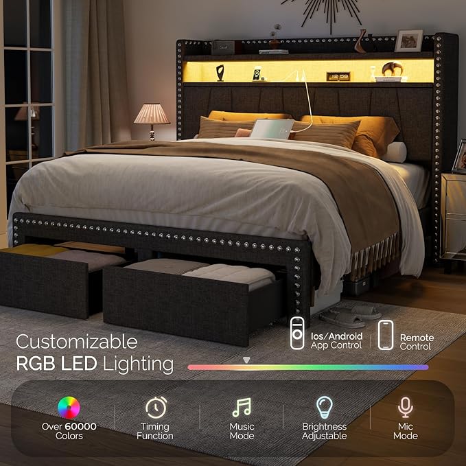 Queen Size Bed Frame with Storage Headboard and Drawers Modern Rivets Upholstered Bed Frame with LED Charging Station Queen Bedframe No Box Spring Needed