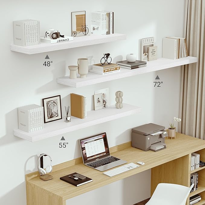 Vivelove 12 in Deep Floating Shelves for Wall, 72" x 12" x 2" Shelves for Room Wall Mounted, 2 Inch Thick Shelf for Bathroom Bedroom Kitchen Book Room, Modern Farmhouse Decor, Set of 1, White