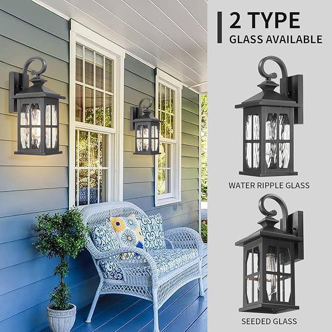 Darkaway Outdoor Light Fixtures Wall Mount, 2pcs Outside Wall Lights Exterior Lighting Fixture with Water Ripple Glass Outdoor Wall Sconce for House Porch Hallway Garage Front Door