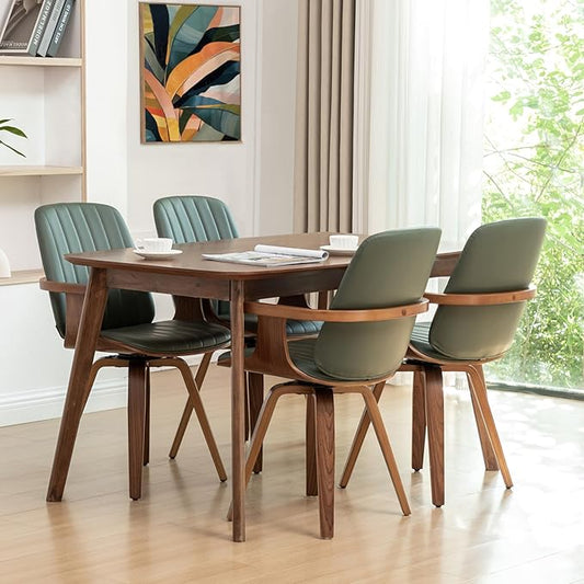 MCM Dining Chairs, Set of 4 Mid Century Modern Chairs with Walnut Craftsmanship, Upholstered Faux Leather, Wooden Arms and Legs, Faux Leather Dining Chairs for Kitchen/Living Room - Green