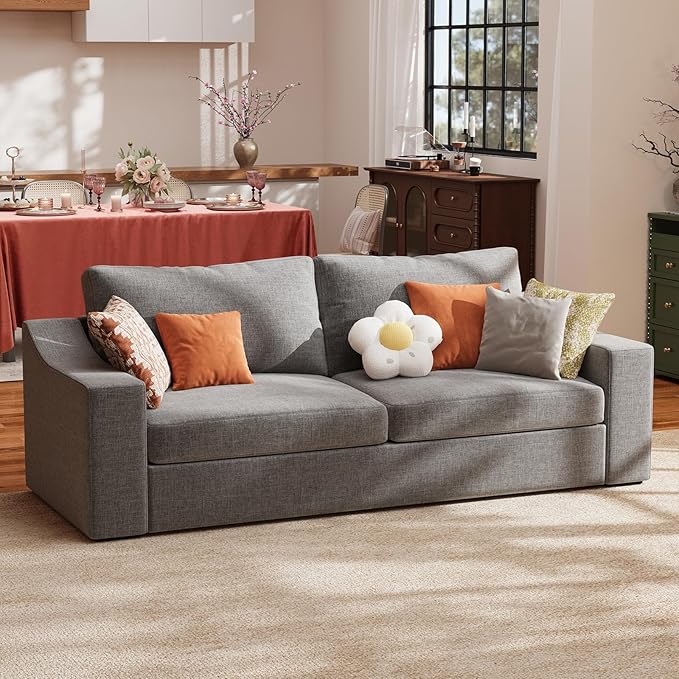 ABCASA 85" W Loveseat Couches for Living Room,Modern Linen Sofa with Removable Cover, Wide Armrest, Solid Wood Frame, Medium Firm Seat Cushion for Bedroom Office Apartment, Easy to Install, Grey