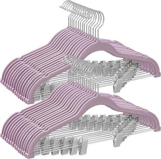 SONGMICS 30-Pack Pants Hangers, 16.7-Inch Long Velvet Hangers with Adjustable Clips, Heavy-Duty, Non-Slip Skirt Hangers, Space-Saving for Pants, Skirts, Coats, Dresses, Pale Purple UCRF012GP30