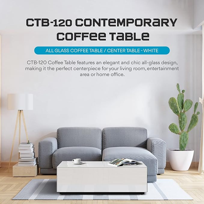 SONOROUS Premium Tempered Glass Coffee Table - Modern White Rectangular Coffee Tables for Living Room - High Gloss Fingerprint Resistant Mid Century Design - Stylish Living Room Furniture & Décor