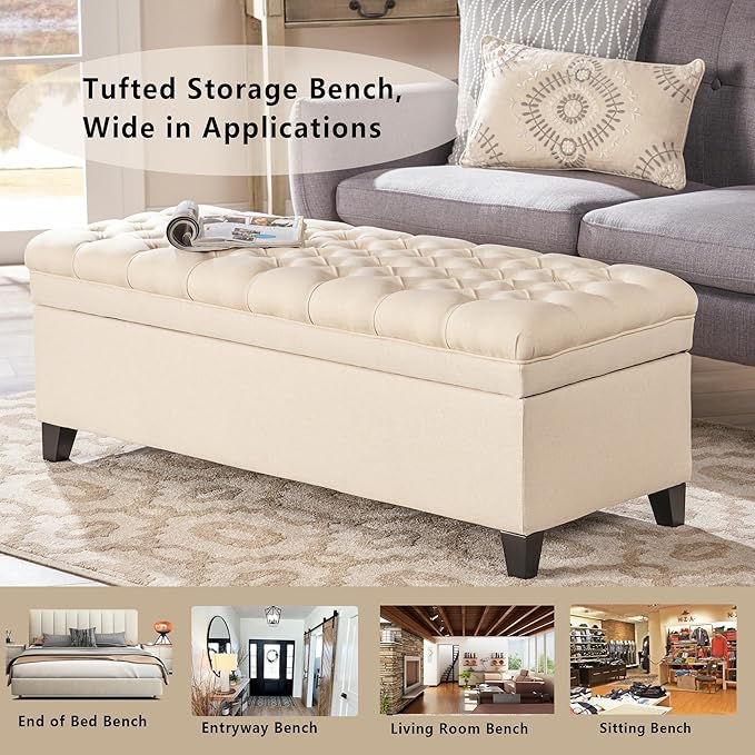 Setawix Linen Storage Benches for Bedroom,50" Bed End Bench with Storage,Tufted Beige Storage Ottoman Bench for Living Room,Rectangle Entryway Benches with Storage and Seating (Beige, Linen)