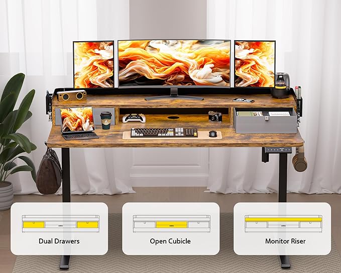 55x24 Inches Electric Standing Desk with 2 Drawers, Height Adjustable Stand up Desk for Home Office, Ergonomic Sit to Stand Table with Storage Shelf, DIY Board, Hooks, Rustic Brown