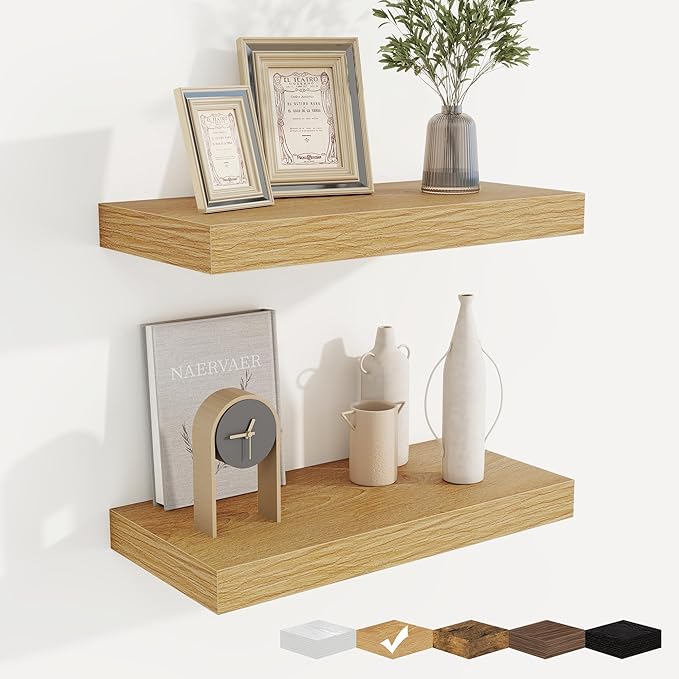 fuqing Floating Shelves for Wall, Wall Mounted Wood Floating Shelf with Invisible Brackets for Living Room, Bathroom, Bedroom, Kitchen Storage and Decor, 16 Inch Set of 2, Oak