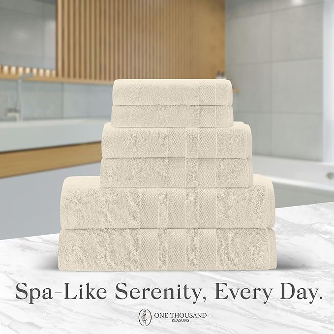 Premium Staple Cotton Bathroom Towel Set - Beige 600 GSM 6-Piece Luxury Bath Towel Set 3 Stripe - 2 Bath Towels, 2 Hand Towels & 2 Washclothes Set - High Absorbent & Quick Dry for Gym, Spa, Hotel
