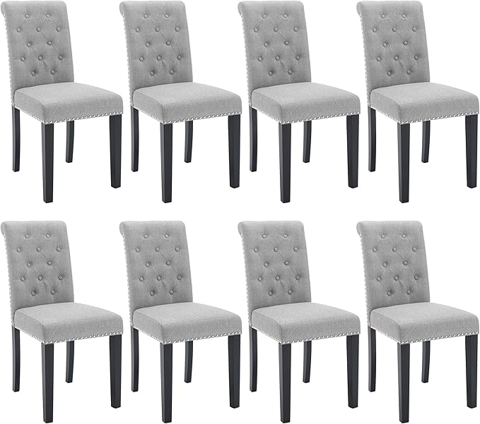 Westice Dining Room Chairs Set of 8 Upholstered Fabric Kitchen Chairs Dining Room Side Chair with Nailhead Trim and Rubber Wood Legs for Small Space Apartment, Light Gray