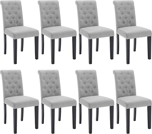 Westice Dining Room Chairs Set of 8 Upholstered Fabric Kitchen Chairs Dining Room Side Chair with Nailhead Trim and Rubber Wood Legs for Small Space Apartment, Light Gray