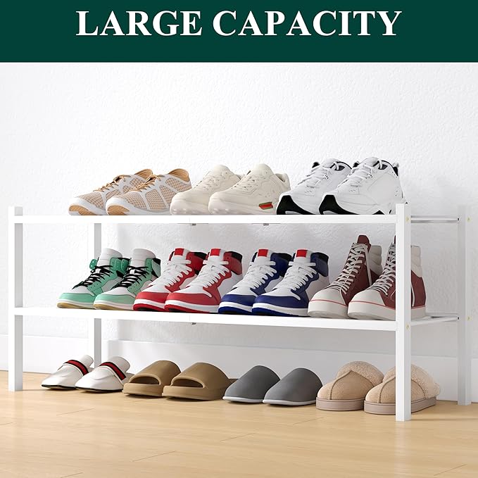 Smiry Shoe Rack, 2 Tier Long Bamboo Shoe Organizer, Stackable Free Standing Wooden Shoe Storage Shelf for Closet, Entryway, Front Door Entrance, White